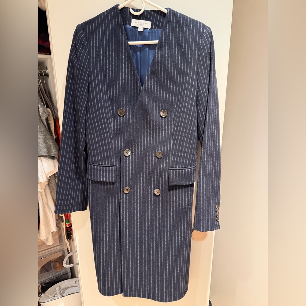 Michael Kors Collection Midnight and White Pinstripe Long Blazer / Coat
